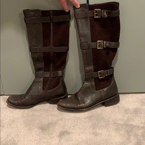 Brown leather boots with suede detail and buckles